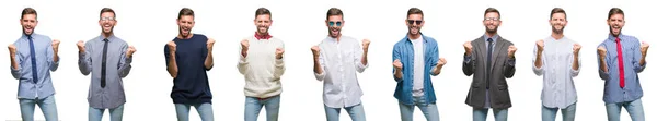 Collage Young Man White Isolated Backgroud Very Happy Excited Doing — Stock Photo, Image