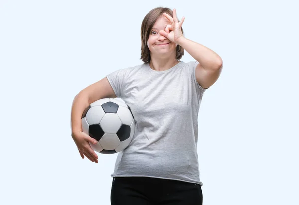 Sendromlu Futbol Futbol Topu Ile Mutlu Yüz Parmaklarının Arasından Seyir — Stok fotoğraf