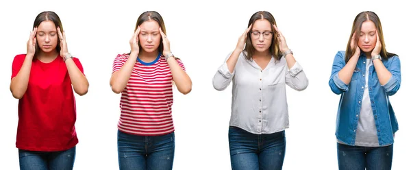 Collage Young Beautiful Girl White Isolated Background Hand Head Pain — Stock Photo, Image