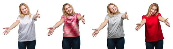 Collage Einer Jungen Schönen Blonden Frau Die Ein Shirt Über — Stockfoto