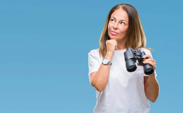 Middle Age Hispanic Woman Looking Binoculars Isolated Background Serious Face — Stock Photo, Image