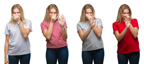 Collage Einer Jungen Schönen Blonden Frau Die Ein Shirt Über — Stockfoto