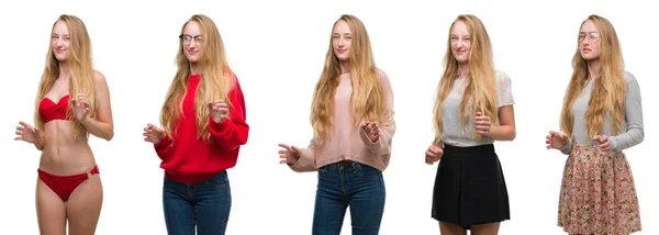 Collage Von Jungen Blonden Mädchen Über Weißen Isolierten Hintergrund Angewiderten — Stockfoto