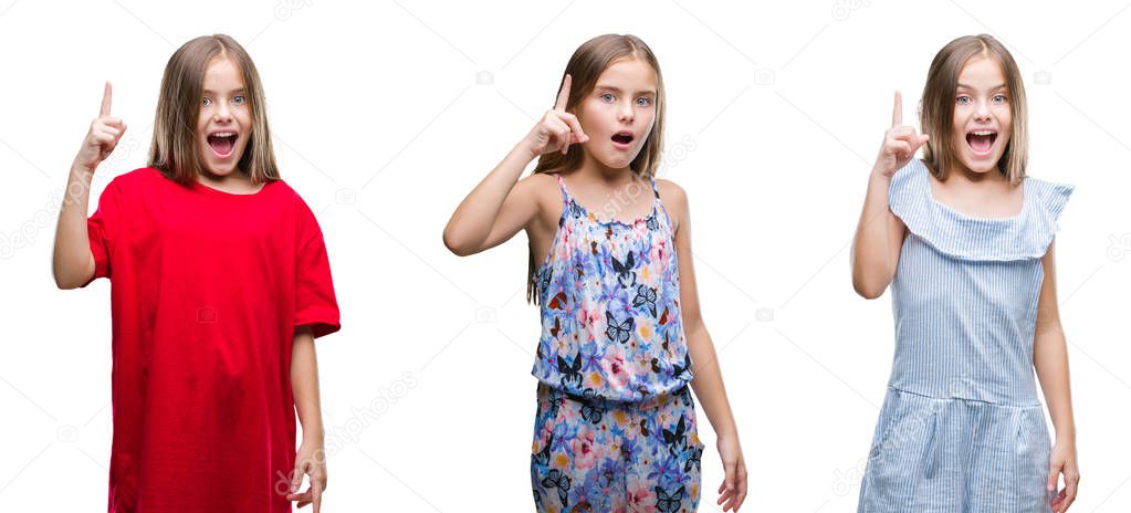 Collage of young beautiful little girl kid over isolated background pointing finger up with successful idea. Exited and happy. Number one.