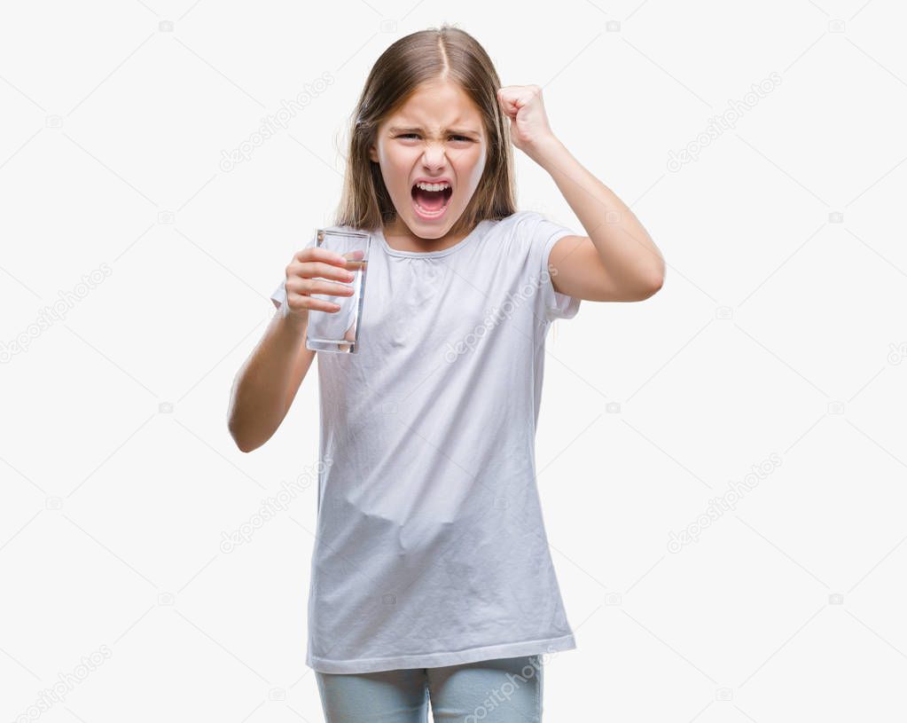 Young beautiful girl drinking glass of water over isolated background annoyed and frustrated shouting with anger, crazy and yelling with raised hand, anger concept