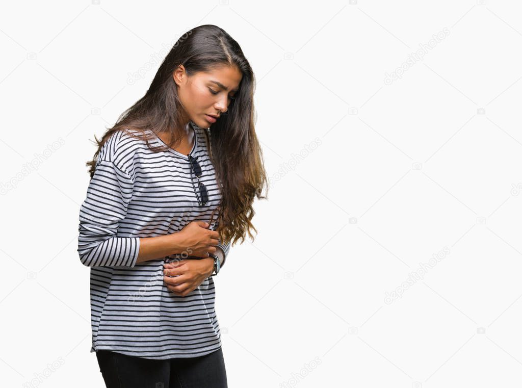 Young beautiful arab woman wearing sunglasses over isolated background with hand on stomach because nausea, painful disease feeling unwell. Ache concept.