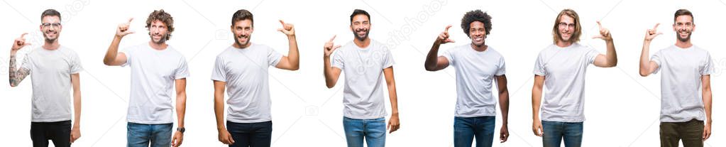 Collage of young caucasian, hispanic, afro men wearing white t-shirt over white isolated background smiling and confident gesturing with hand doing size sign with fingers while looking and the camera. Measure concept.