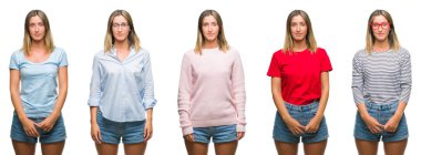 Kolaj sarışın güzel kadının yüzünde ciddi bir ifade ile beyaz izole kağıt üzerinde rahat bakmak giyiyor. Basit ve doğal kameraya bakıyor.