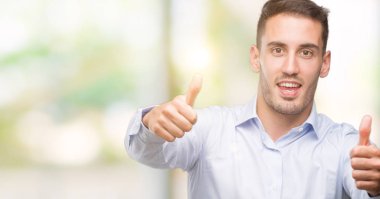 Yakışıklı genç işadamı el ile pozitif jest yapıyor onaylama başparmak gülümseyen ve başarı için mutlu. Kamera, kazanan jest arıyorsunuz.