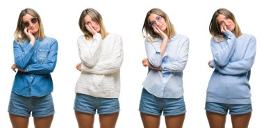 Sarışın güzel kadın rahat bakmak beyaz izole backgroud düşünme yorgun ve bıkkın ile depresyon sorun Çapraz kollar ile seyir üzerinde giyen kolaj.