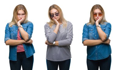 Genç güzel sarışın kadının beyaz izole backgroud düşünme yorgun ve bıkkın ile depresyon sorun Çapraz kollar ile seyir üzerinde güneş gözlüğü takıyor kolaj.