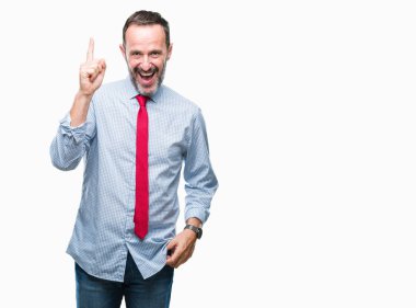 Orta yaş ağarmış üst düzey iş adamı ile başarılı fikir izole arka plan işaret parmağı üzerinde kırmızı kravat takıyor. Çıktıktan ve mutlu. Bir numara.