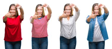 Genç güzel kız beyaz izole arka plan elle yapma çerçeve ve parmakları ile mutlu yüz gülümseyen yüzünden kolaj. Yaratıcılık ve Fotoğrafçılık kavramı.
