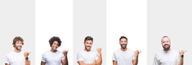 Seyir ve başparmak yanında yukarıyı mutlu yüz ile gülümseyen beyaz izole arka plan üzerinde beyaz t-shirt giyen genç beyaz, İspanyol, afro adam kolaj.