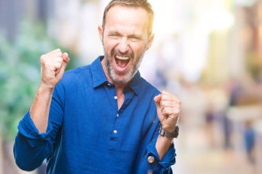 Gülümseyen ve başarı için çığlık orta yaş ağarmış üst düzey adam izole arka plan çok mutlu ve heyecanlı kaldırdı, silah ile kazanan jest yapıyor. Kutlama kavramı.