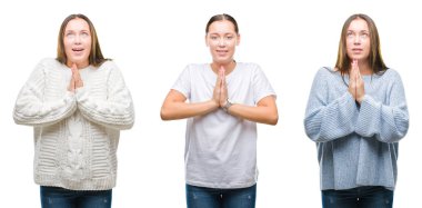 Kolaj genç güzel kız yalvarıyor ve umut ifade yüzünde çok duygusal ve endişe ile birlikte elleriyle dua beyaz izole arka plan üzerinde kış kazak giyiyor. Bağışlanmak. Din kavramı.