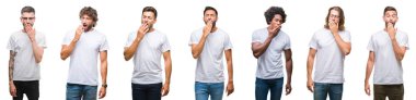 Kolaj üzerinde beyaz beyaz t-shirt giyen genç beyaz, İspanyol, afro adam arka plan ağız el ile kapsayan yorgun esneme sıkılmış izole. Restless ve uyku hali.