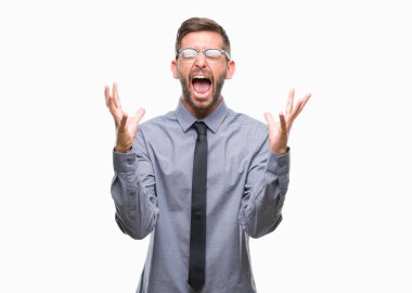 Genç iş adamı üzerinde arka plan deli kutluyor izole ve crazy arms ile başarı için kaldırdı ve heyecanlı çığlık gözleri kapalı yakışıklı. Kazanan kavramı