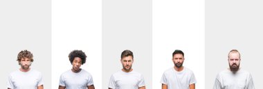 Kolaj üzerinde beyaz beyaz t-shirt giyen genç beyaz, İspanyol, afro adam arka plan şüpheci ve sinir, papatyanın üzgün sorunu nedeniyle izole. Negatif kişi.