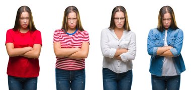 Kolaj genç güzel kız beyaz bir arka plan şüpheci ve çapraz kolları olan yüzündeki gergin, onaylamayan ifade izole. Negatif kişi.