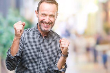 Gülümseyen ve başarı için çığlık orta yaş ağarmış üst düzey adam izole arka plan çok mutlu ve heyecanlı kaldırdı, silah ile kazanan jest yapıyor. Kutlama kavramı.