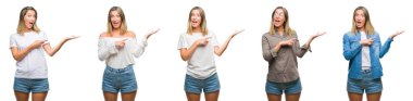 Casual göz üzerinden hayran ve el ile sunulması ve parmak ile işaret ederken kameraya gülümseyen beyaz izole backgroud giymiş sarışın güzel kadın kolaj.