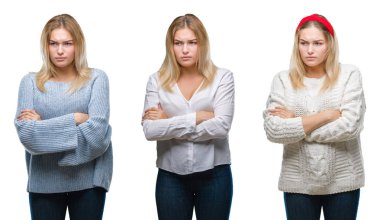 Kolaj genç güzel sarışın kadının yere beyaz izole backgroud şüpheci ve sinir, onaylamayan ifade yüz çapraz kolları üzerinde. Negatif kişi.