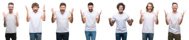 Kolaj kutluyor kızgın ve çığlık kaldırdı ve kapalı gözleri heyecanlı silah ile başarı için deli beyaz izole arka plan üzerinde beyaz t-shirt giyen genç beyaz, İspanyol, afro adam. Kazanan kavramı