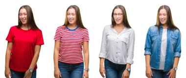 Genç güzel kız seksi bir ifadeyle, neşeli ve mutlu yüzünü kameraya bakarak göz kırpıyor beyaz izole arka plan üzerine kolaj.