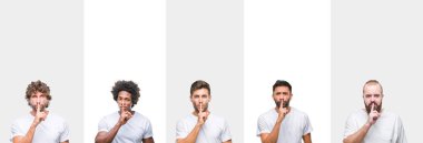 Kolaj dudaklarında parmak ile sessiz olmanı beyaz izole arka plan üzerinde beyaz t-shirt giyen genç beyaz, İspanyol, afro adam. Sessizlik ve gizli kavramı.