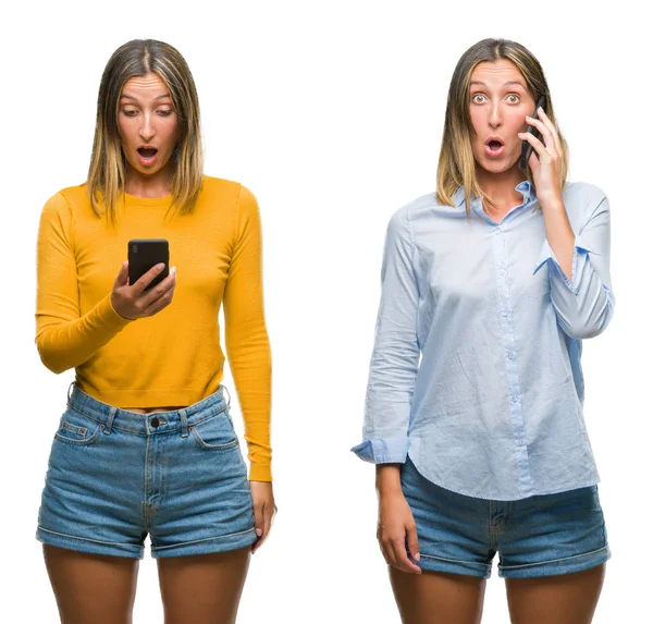 Collage Van Blonde Mooie Vrouw Met Smartphone Witte Geïsoleerde Backgroud — Stockfoto