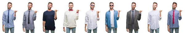 Collage Hombre Joven Sobre Fondo Aislado Blanco Sonriendo Con Cara —  Fotos de Stock