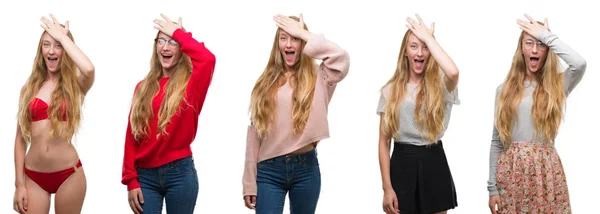 Collage Van Jong Blond Meisje Wit Geïsoleerd Achtergrond Verrast Met — Stockfoto