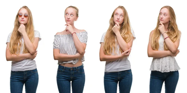 Collage Ung Blond Tjej Över Vit Isolerade Bakgrund Allvarligt Ansikte — Stockfoto