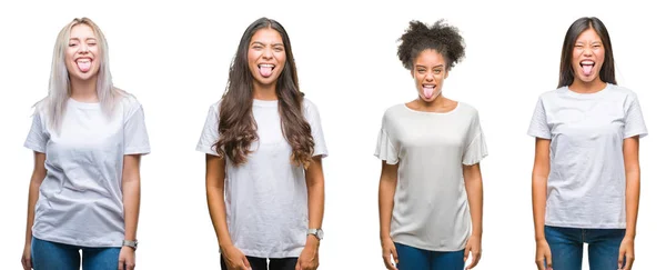舌を付着分離の背景に中国 アラブ アフリカ系アメリカ人の女性のグループのコラージュを面白い表現に満足 感情の概念 — ストック写真