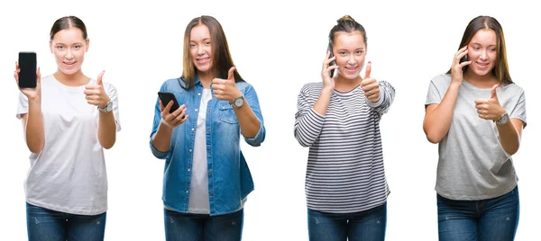 Colagem Menina Usando Smartphone Sobre Fundo Isolado Branco Feliz Com — Fotografia de Stock