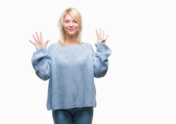 Junge Schöne Blonde Frau Trägt Winterpullover Über Isoliertem Hintergrund Zeigt — Stockfoto