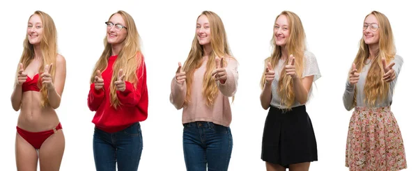 拼贴画年轻的金发女孩在白色孤立的背景指向相机与快乐和滑稽的脸 良好的能量和共鸣 — 图库照片