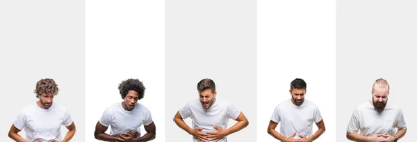 年轻的白种人拼贴 西班牙裔 非洲男人穿着白色 T恤在白色孤立的背景与手在胃部 因为消化不良 痛苦的疾病感觉不舒服 Ache — 图库照片
