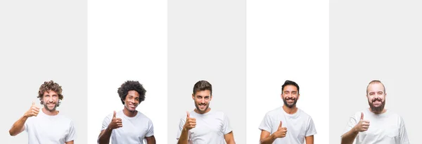 Collage Jóvenes Caucásicos Hispanos Afro Hombres Con Camiseta Blanca Sobre —  Fotos de Stock