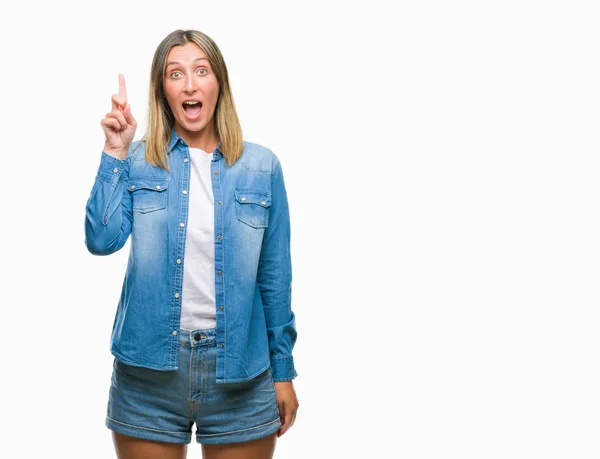 Jovem Mulher Bonita Sobre Fundo Isolado Apontando Dedo Para Cima — Fotografia de Stock