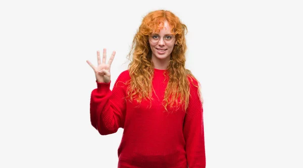 Young Redhead Woman Wearing Red Sweater Showing Pointing Fingers Number — Stock Photo, Image