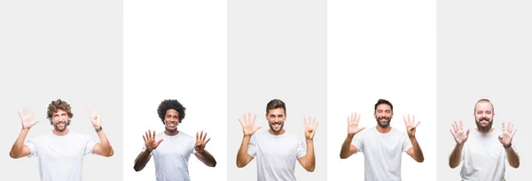 年轻的白种人 西班牙裔 非洲男子穿着白色 T恤在白色孤立的背景显示和手指指向数字 同时微笑着自信和快乐 — 图库照片