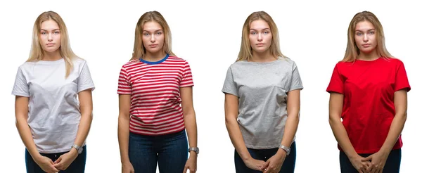 Collage Joven Hermosa Mujer Rubia Con Una Camiseta Sobre Fondo — Foto de Stock