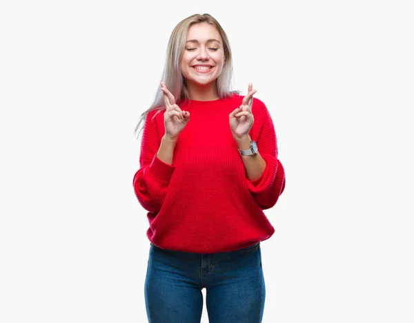 Mulher Loira Jovem Vestindo Suéter Inverno Sobre Fundo Isolado Sorrindo — Fotografia de Stock