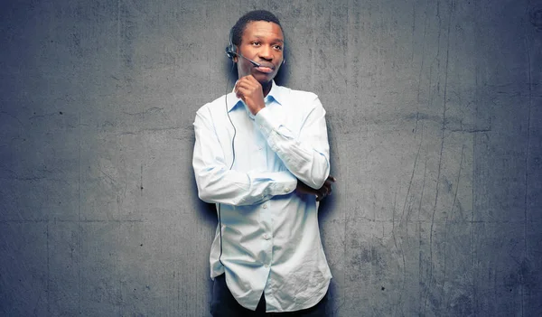 Black Man Consultant Call Center Thinking Looking Expressing Doubt Wonder — Stock Photo, Image