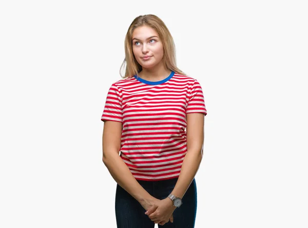 Young Caucasian Woman Isolated Background Smiling Looking Side Staring Away — Stock Photo, Image