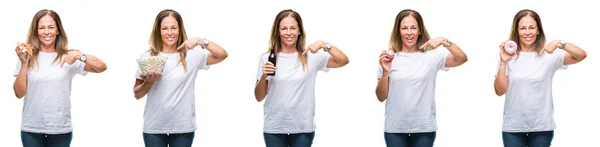 Collage Mujer Madura Mediana Edad Comiendo Comida Sobre Fondo Blanco — Foto de Stock