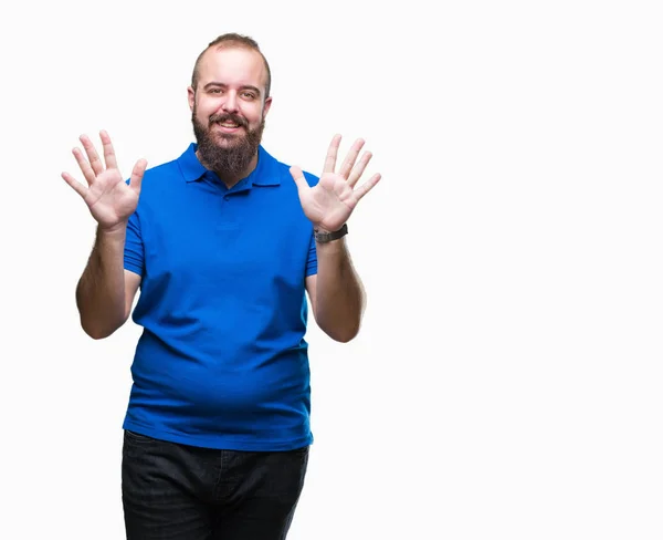 Joven Hombre Hipster Caucásico Con Camisa Azul Sobre Fondo Aislado — Foto de Stock