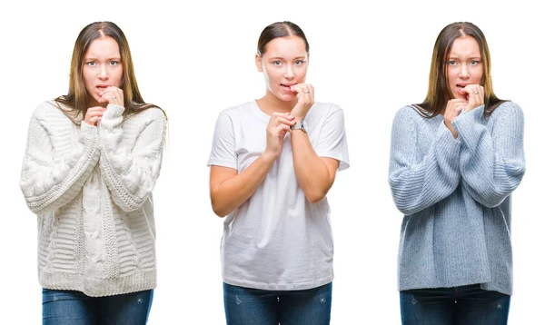 年轻美丽的女孩穿着冬季毛衣在白色孤立的背景看起来紧张和紧张的手在嘴咬指甲拼贴 焦虑问题 — 图库照片